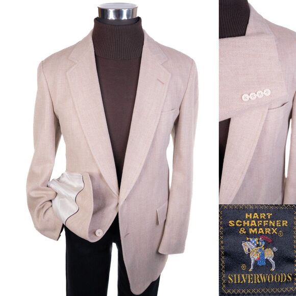 Hart Schaffner Marx Sports Coat Jacket 2-Buttn Wool Beige Blazer 44L Herringbone - Picture 1 of 13